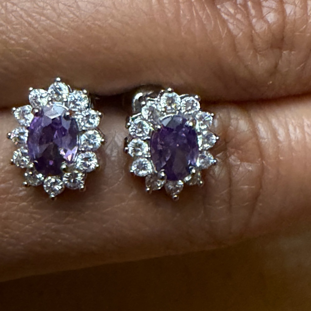 Amethyst Halo Stud Earrings - Purple Crystal Cluster